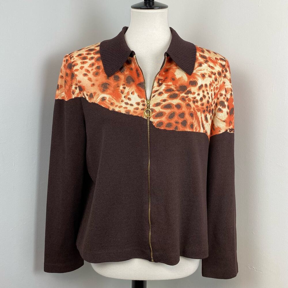 St John Brown Animal Print Leopard Full Zip Cardigan Jacket Large